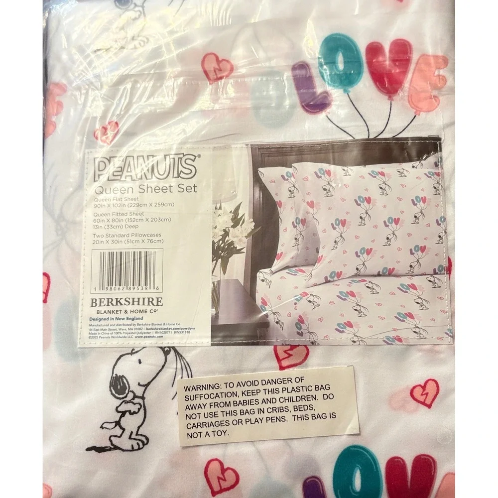 Peanuts Snoopy Love Graphic Queen Sheet Set Berkshire White Pink Hearts 4pc